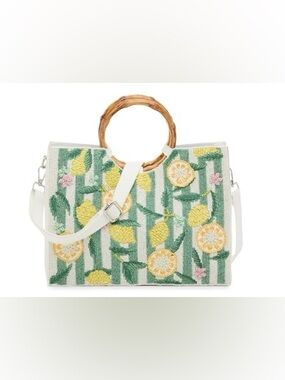 White Crossbody Bag with Embroidered Lemon Motif and Bamboo Handle